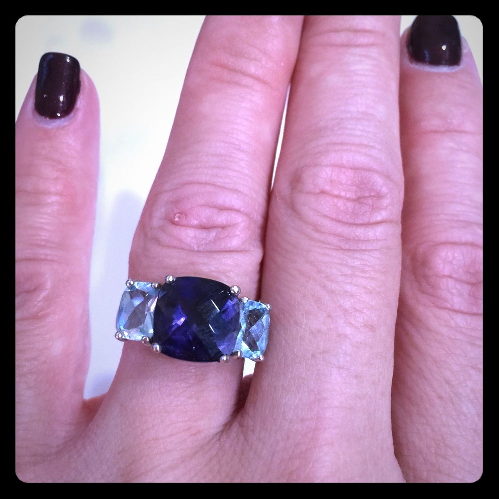 Blue topaz and iolite ring in 14k gold